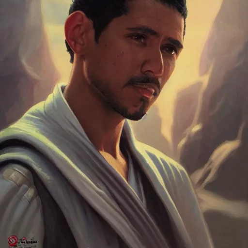 Image similar to portrait of Steven Michael Quezada as a Star Wars character, accurate, intricate, headshot, highly detailed, digital painting, artstation, concept art, sharp focus, illustration, art by artgerm and greg rutkowski and alphonse mucha