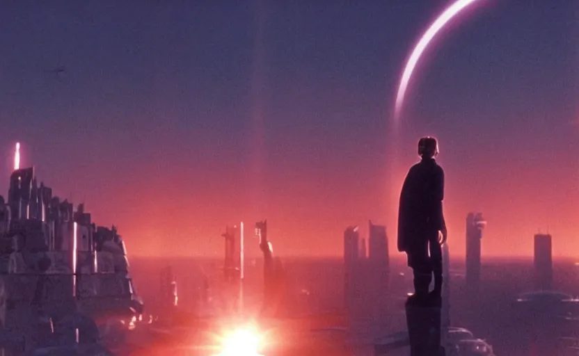 Image similar to iconic wide cinematic screen shot of luke skywalker downtrodden standing with a view of coruscant at sunset, from the thrilling scene from the 1 9 9 0 s sci fi film directed by stanley kubrick, moody cinematography, foggy volumetric lighting, hyper detailed scene, anamorphic lenses 2 4 mm, lens flare, award winning