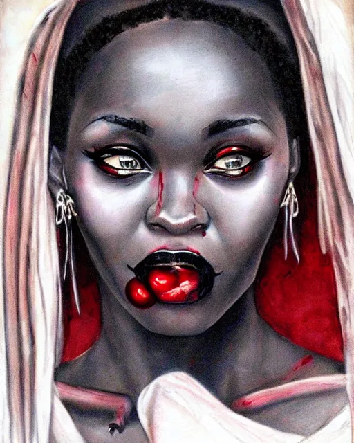 Image similar to beautiful ancient african demonic vampire girl, portrait, hyperrealistic, bloodstained