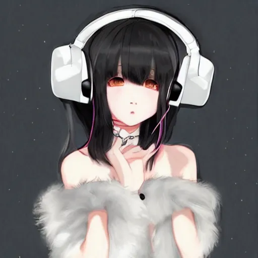 Image similar to realistic beautiful gorgeous buxom natural cute blushed shy girl Blackpink Lalisa Manoban black hair cute fur black cat ears, wearing white camisole, headphones, black leather choker artwork drawn full HD 4K highest quality in artstyle by professional artists WLOP, Taejune Kim, Guweiz on Pixiv Instagram Artstation