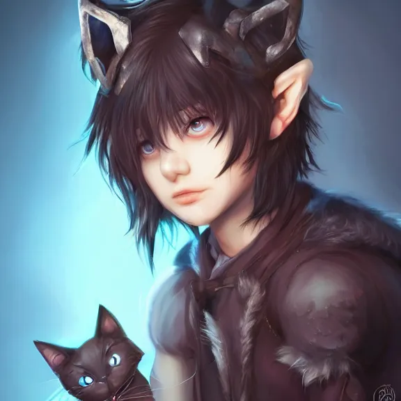 Prompt: blushing emo boy with cat ears and tail, fantasy artwork, award winning, hyper detailed, very beautiful, studio lighting, artstation