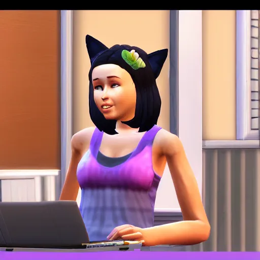 Prompt: cute woman wearing tank top and cat ears plays on computer, sims 4 graphics style