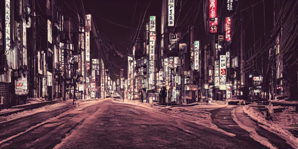 Image similar to a city street at night, snowing, photograph, cyberpunk, sharp focus, intricate detail, drone shot, high resolution, 8k, neon streetlights, wires hanging down everywhere, Japan,