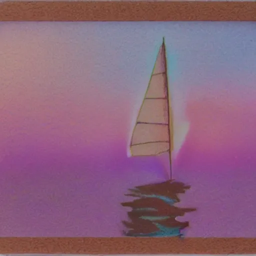 Image similar to a high fidelity pastel coloured Polaroid of a pink sail boat at sea, rainbow, volumetric light, god rays