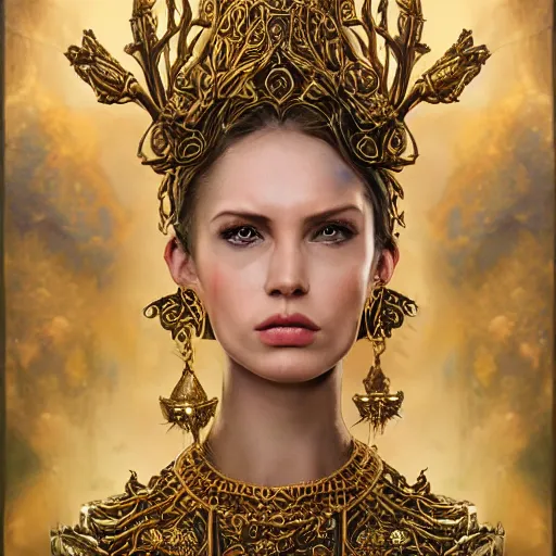 Prompt: oil painting of fantasy female warrior, symmetrical face, beautiful face, intricate jewellery, filigree armour, big earrings, shining eyes, crystals, covered in plants, standing in the mystical forest, realistic oil painting, baroque, renaissance painting, dramatic, cinematic light, trending on artstation, rule of thirds, highly detailed