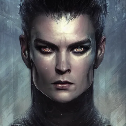 Image similar to karl urban as, film nior, darkwave, darksynth character portrait, sharp, digital matte painting, art by luis royo, greg rutkowski, wlop, dramatic lighting, trending on artstation