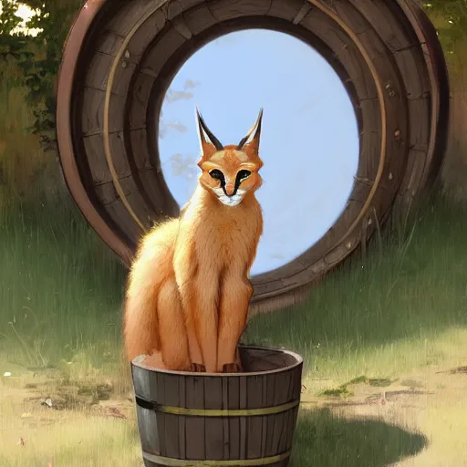 Prompt: a digital art of cute fluffy caracal near a wooden barrel lying at the side, at after noon, green and warm theme, by krenz cushart and mucha and akihito yoshida and greg rutkowski and makoto shinkai, long shot, back lighting, detailed eyes, 4 k resolution, trending on art station