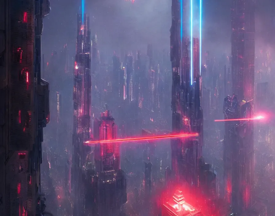Prompt: a gigantic robot with red eyes shooting neon blue lasers at skyscrapers as it marches across a metropolis, by greg rutkowski and moebius, epic, hyper detailed, horror