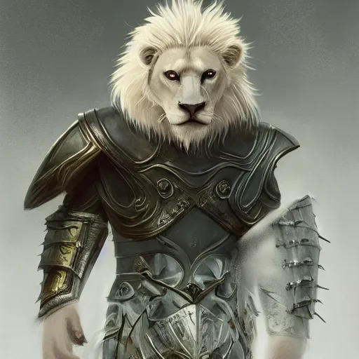 Image similar to a beautiful award winning commission of a male anthro albino lion dressed in skyrim armour,digital art,art by greg rutkowski,character design by charles bowater,ross tran,photorealistic,highly detailed,detailed face,4k,dramatic,deviantart,artstation