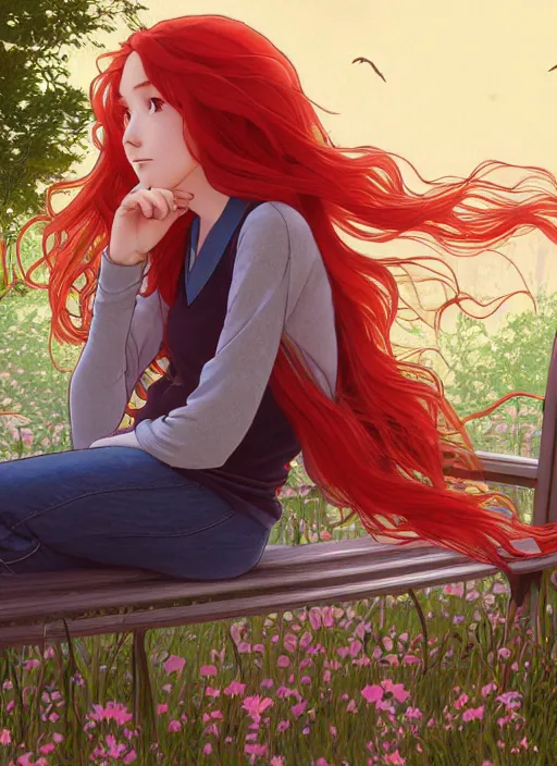 Image similar to pretty young woman with long red hair sitting on a park bench under bright moonlight, path traced, highly detailed, high quality, digital painting, by studio ghibli and alphonse mucha, leesha hannigan, makoto shinkai, disney