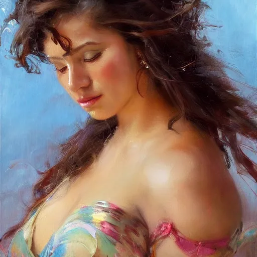 Prompt: very beautiful latina woman, flowing hair, voluptuous figure, painting by daniel gerhartz, alphonse murac, detailed art, trending on artstation