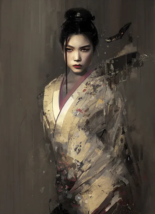 Prompt: female geisha girl, beautiful face, rule of thirds, intricate outfit, spotlight by greg rutkowski, by jeremy mann, digital painting