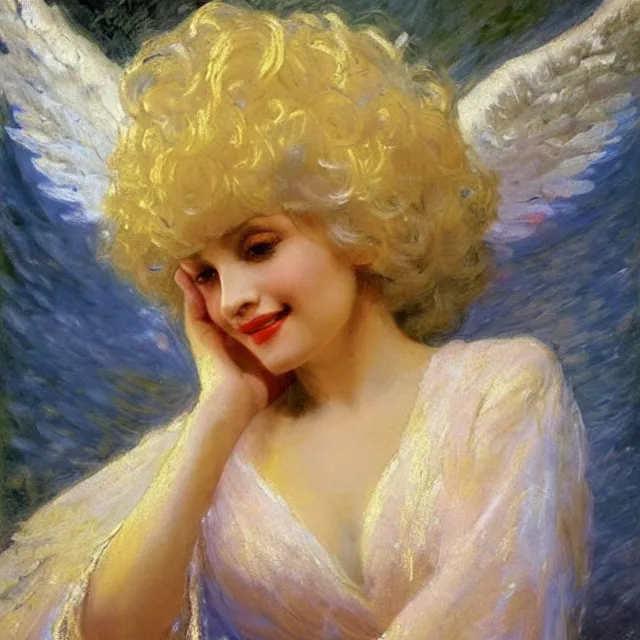 Prompt: high quality high detail painting by ilya repin depicting dolly parton as a beautiful angel, glow