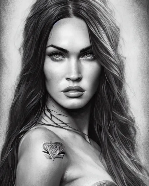 Image similar to portrait of beautiful megan fox as greek goddess aphrodite, archer, arrow on the head, beautiful piercing eyes, flowing blonde hair, realistic face, black and white drawing, in the style of greg rutkowski, fantasy, amazing detail, epic, intricate, elegant, smooth, sharp focus