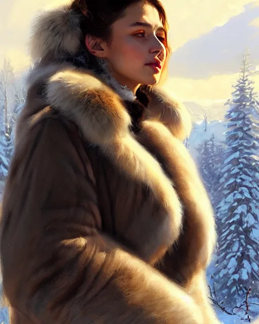 Image similar to a beautiful siberian girl with bear fur coat and neckline | | winter, realistic shaded, unpleasant face, bad looking, fine details, realistic shaded lighting poster by greg rutkowski, magali villeneuve, artgerm, jeremy lipkin and michael garmash and rob rey