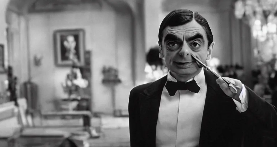 Prompt: Still image of Mr. Bean in The Godfather, cinematic, 40mm f/2.8, 35mm motion picture film