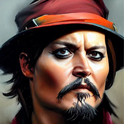 Image similar to greg manchess portrait painting of johny depp as overwatch character, medium shot, asymmetrical, profile picture, organic painting, rainy day, matte painting, bold shapes, hard edges, street art, trending on artstation, by huang guangjian and gil elvgren and sachin teng