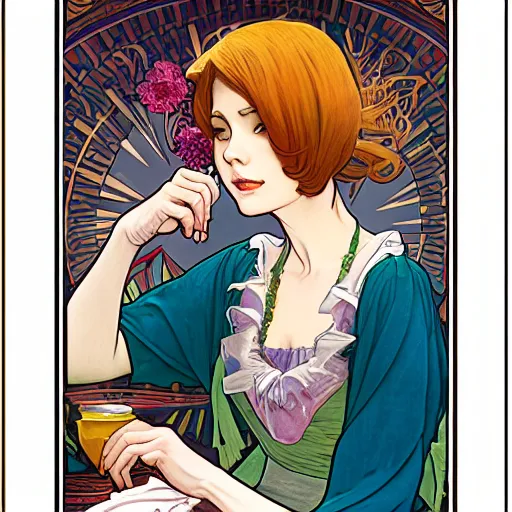 Image similar to Full body portrait of a sorceress sipping tea in her sunlit study, illustration, exquisitely detailed, Ilya Kuvshinov, Hayao Miyazaki, Kazuma Kaneko, Alphonse Mucha