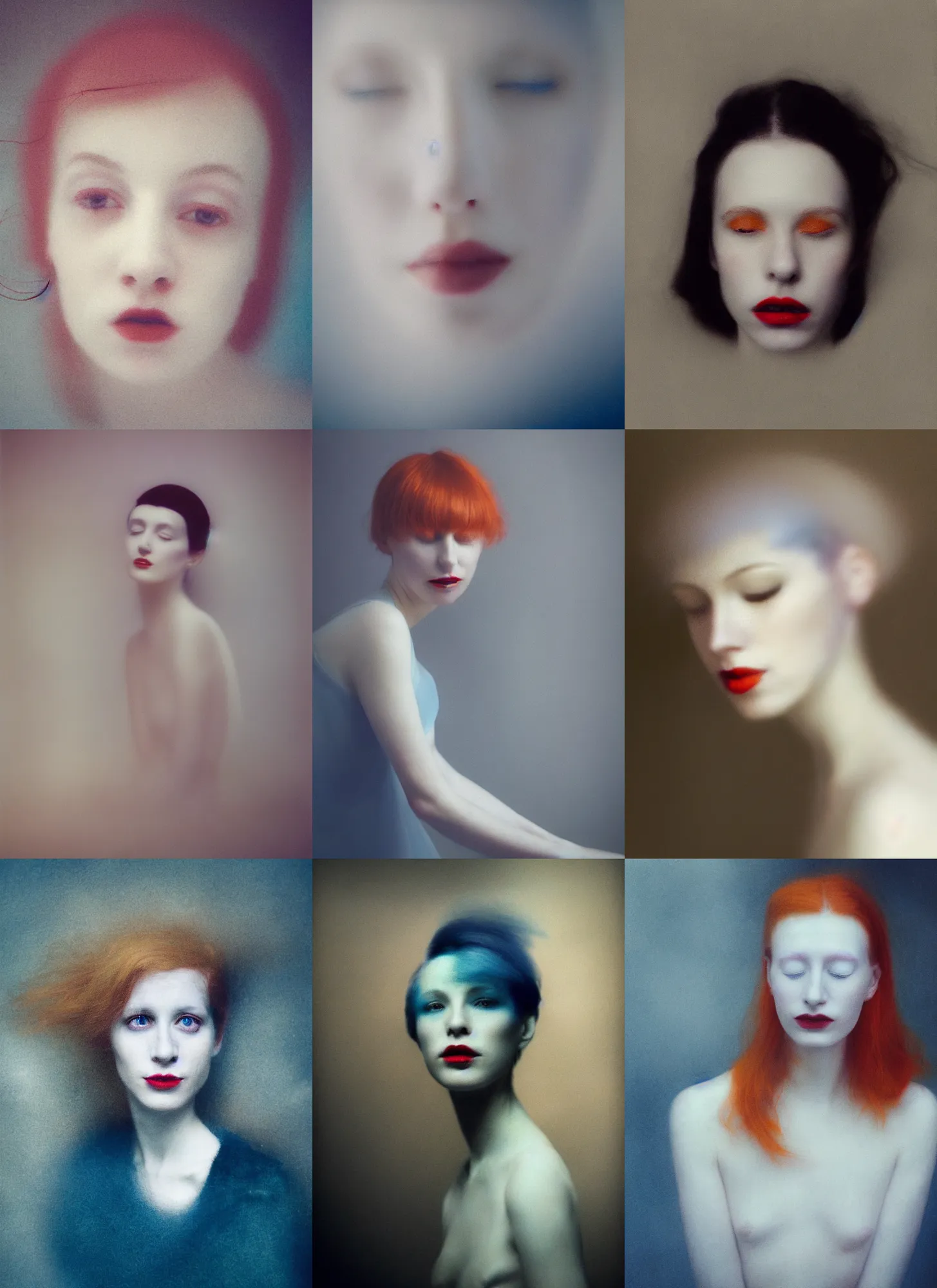 Prompt: motion blur!!!!! out of focus photorealistic portrait of a beautiful aesthetic pale young woman by sarah moon, orange hair, azure lipstick, very blurry, translucent white skin, closed eyes, foggy