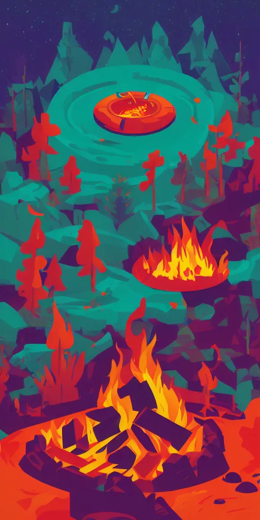 Prompt: cursed multicolored campfire, tom whalen, james gilleard, liam brazier, tristan eaton