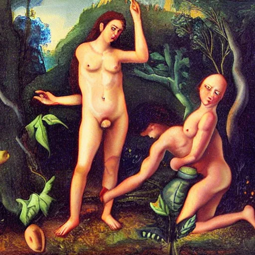 Image similar to adam and eve in the garden of eden, oil painting