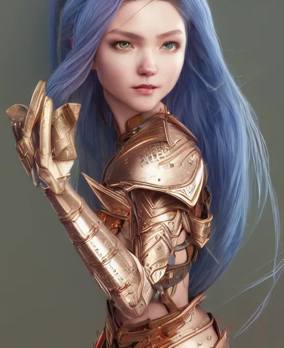 Image similar to a beautiful and highly detailed digital portrait of a dignified elf with long blue hair in rose gold armor by artgerm and lu ji, centered, artsation contest winner, cgsociety, fantasy art, cryengine, concept art, photorealism, daz 3 d, sketchfab, zbrush, vray