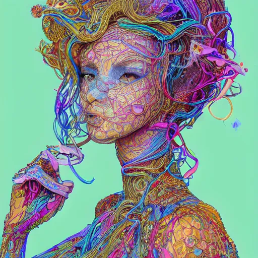 Image similar to the portrait of a ridiculously beautiful and elegant woman partially made of onion rings of all colors, an ultrafine detailed illustration by james jean, final fantasy, intricate linework, bright colors, behance contest winner, vanitas, angular, altermodern, unreal engine 5 highly rendered, global illumination, radiant light, detailed and intricate environment