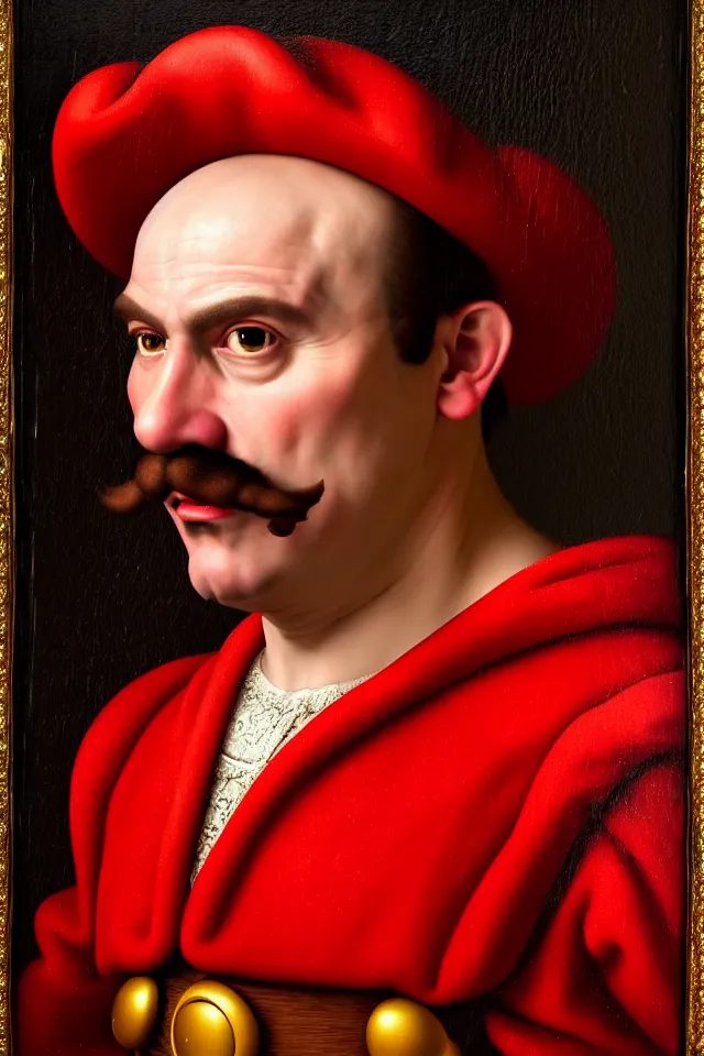 Prompt: bizarre renaissance portrait of mario as a highly detailed realistic real life person, dramatic cinematic lighting, 8 k, beautiful intricate painting