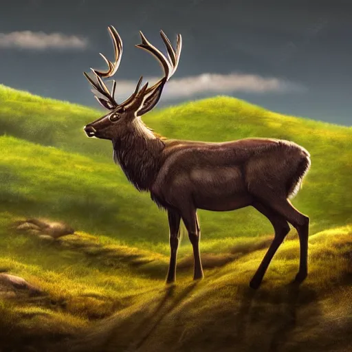 Image similar to Illustration of a stag on a hillock looking over the valley, concept art, ambient light, dynamic lighting