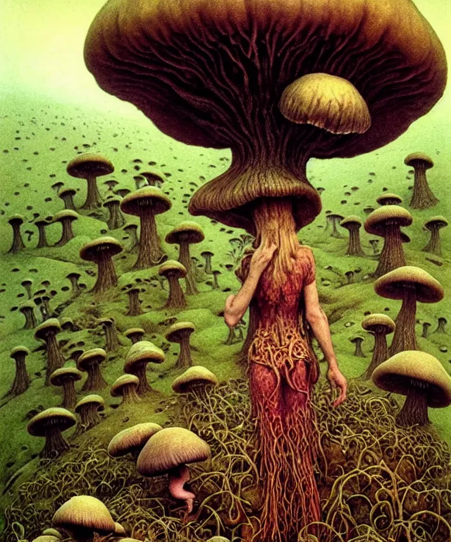 Image similar to A detailed funguswoman stands among the mushroom hills. Wearing a fungus and mushroom . Perfect faces, extremely high details, realistic, fantasy art, solo, masterpiece, art by Zdzisław Beksiński, Arthur Rackham, Dariusz Zawadzki, Edward Robert Hughes, Eugene de Blaas