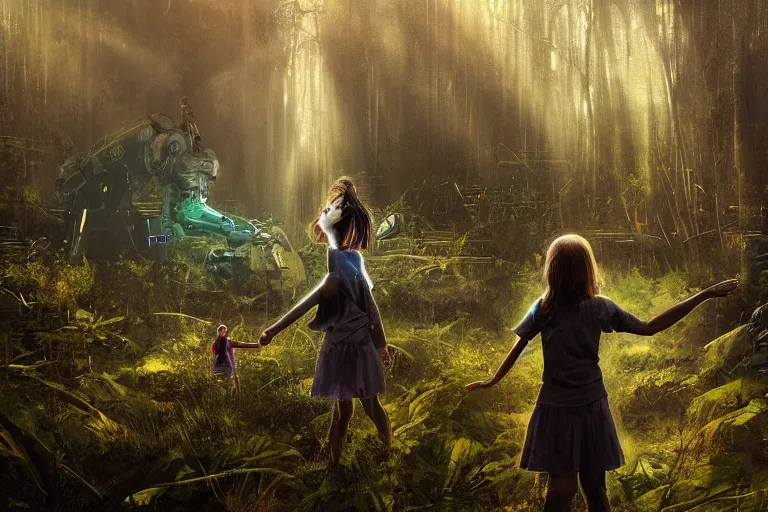 Prompt: the great beyond, sci - fi scene future new york, little girl holding a hand of a big robot, forest punk, crepuscular rays, epic scene, hyper realistic, photo realistic, overgrowth, cinematic atmosphere, ethereal lighting, in the style of john waterhouse