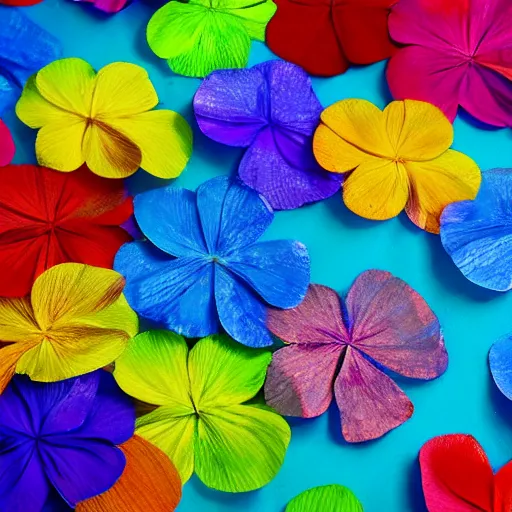 Image similar to multi colored flower petals flowing through the air from left to right on a clean background