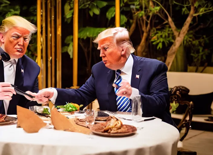 Image similar to Trump and Biden having dinner at a fancy Balinese restaurant, award winning cinematic photography, sigma 85mm Lens F/1.4, blurred background, perfect faces