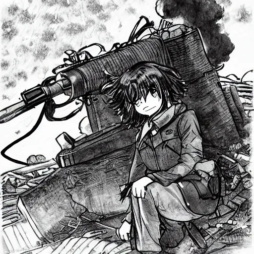 Prompt: manga style, g pen line art, portrait of a girl under artillery fire, trench sandbags in background, soldier clothing, long hair, hair down, symmetrical facial features, 4 koma, empty text balloons, trending pixiv, black patterns, by professional mangaka