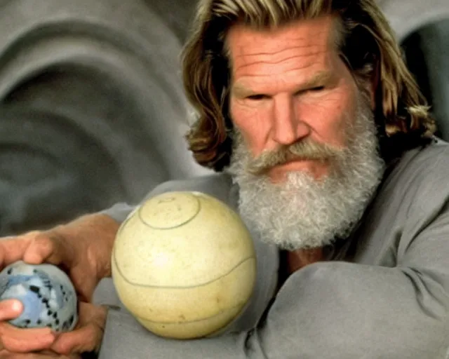 Prompt: Jeff Bridges from The Big Lebowski throwing a bowling ball in the Mos Eisley Cantina in Star Wars