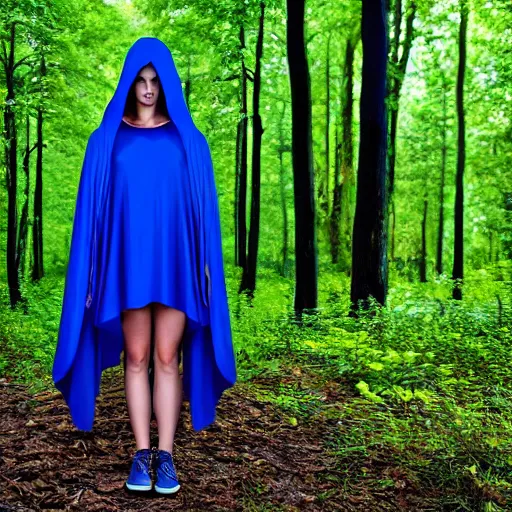 Prompt: cloaked maiden with blue eyes and a beautiful model face in a dark and creepy forest