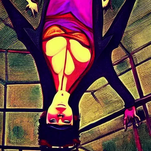 Prompt: a melancholic!! bat!!! hanging upside down from the ceiling, sad, psychedelic, beautiful composition, beautiful colors, sad, masterpiece