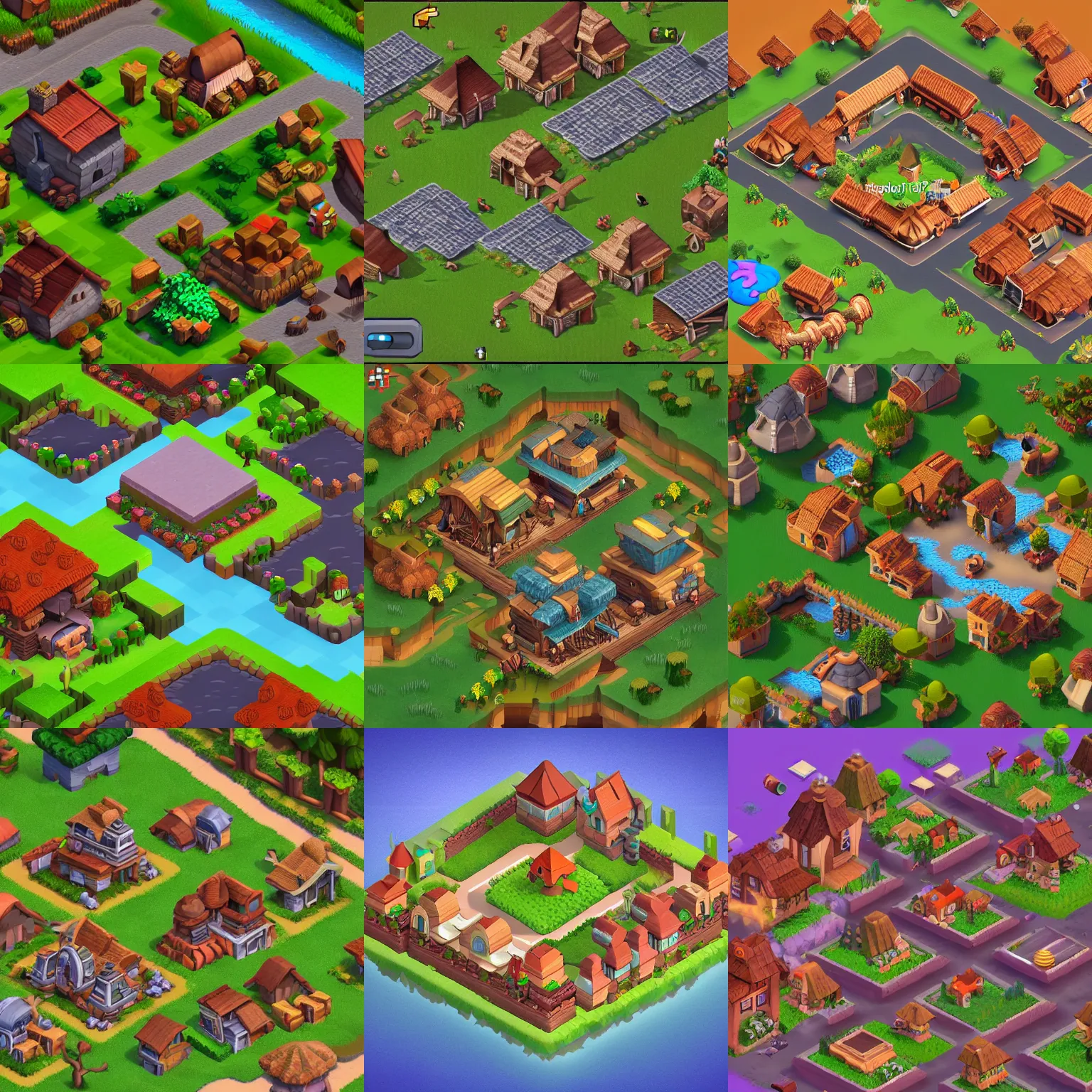 Prompt: isometric view of village in the middle of the forest, clash of clans style, game dev art