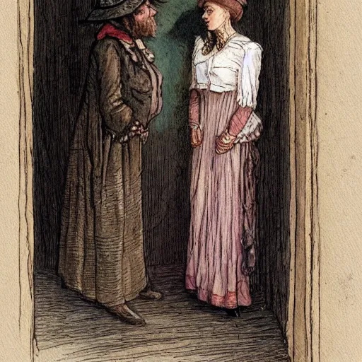 Image similar to a mummy in victorian clothes hat has an intimate conversation with a woman in victorian clothes, watercolor graphic novel style by alan lee and john howe, style of professors daughter