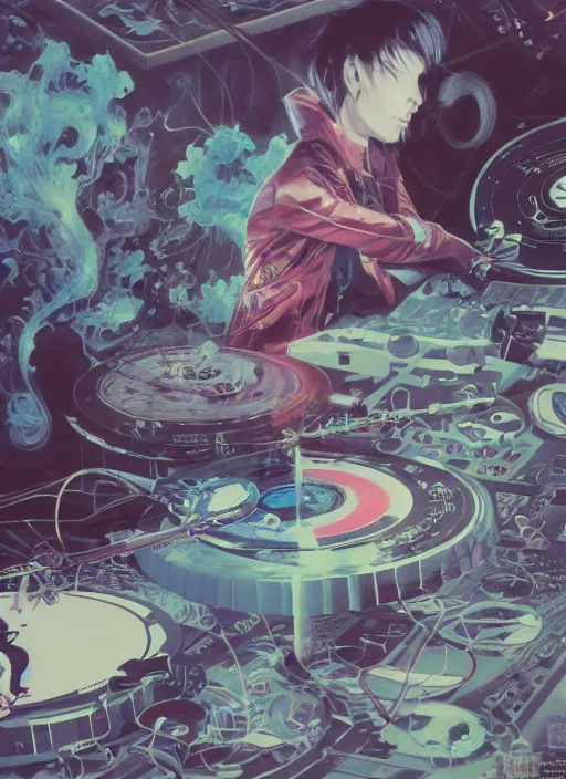 Image similar to surreal gouache painting, by yoshitaka amano, by ruan jia, by Conrad roset, by good smile company, detailed anime 3d render of a chemical flying Vinyl records close to the DJ Mixer, deck surrounded by chemical Dragonflies, Vinyl records, controller, portrait, cgsociety, artstation, rococo mechanical and Digital and electronic, dieselpunk atmosphere