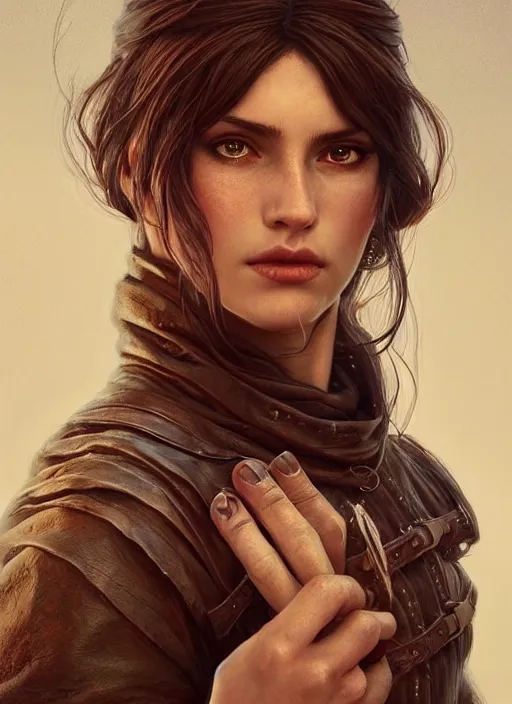 Image similar to vertical portrait of a ruggedly handsome female cleric, soft hair, close - up face, leather, witchy, d & d, fantasy, intricate, elegant, highly detailed, digital painting, artstation, concept art, smooth, sharp focus, illustration, art by artgerm and greg rutkowski and alphonse mucha, plain red background