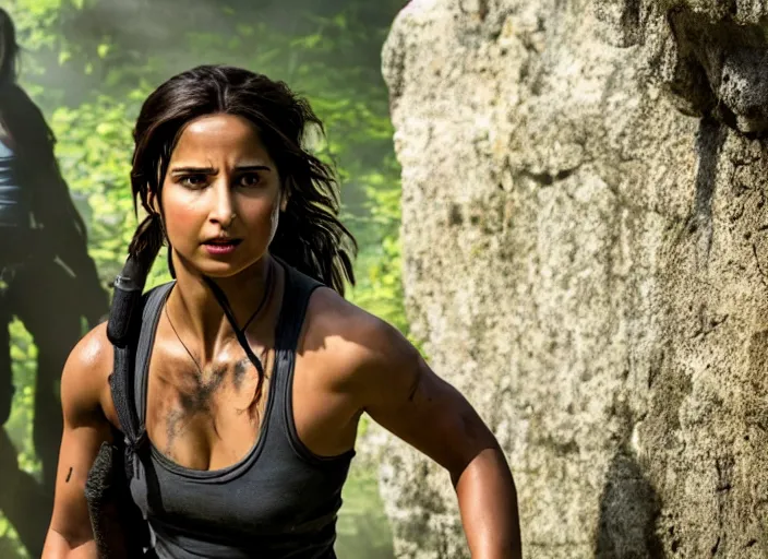 Image similar to film still of!!!! naomi scott!!! as lara croft in new tomb raider movie, 8 k