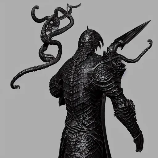 Image similar to detailed hypperrealistic artstation render of a scaly black cloaked man, wearing a metal knights helmet, carries a large knights greatsword in his hands, tentacles emerge from his back like wings