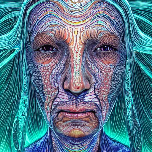 Image similar to dark underwater portrait of one Bioluminescent old woman, with cracked reaction diffusion semi-transparent skin. multicolored fish scales, face closeup. long dark hair. realistic. with many jellyfishes. intricate, very detailed, illustration, by alex grey and Moebius