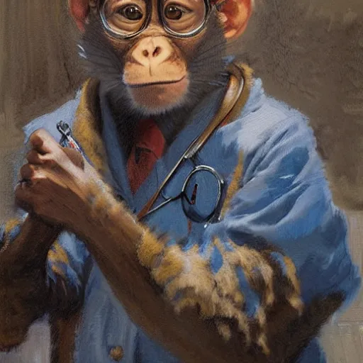 Image similar to portrait of a monkey doctor, artwork by gaston bussiere, craig mullins, trending on artstation, monkey dressed as a scientist, using googles and wearing a doctor coat