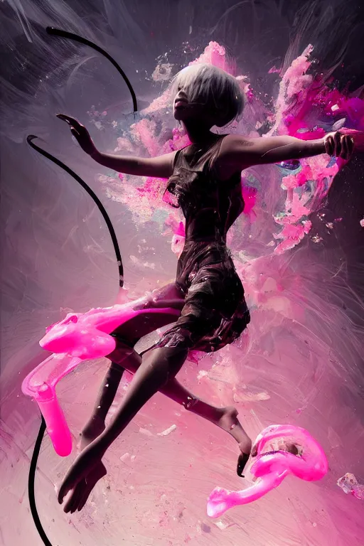 Prompt: epic 3 d abstract emo girl, spinning hands and feet, 2 0 mm, with black and pastel pink peanut butter melting smoothly into asymmetrical bubbles, liquid, tension, delicate, crypto, beautiful, intricate, houdini sidefx, trending on artstation, by jeremy mann, ilya kuvshinov, jamie hewlett and ayami kojima