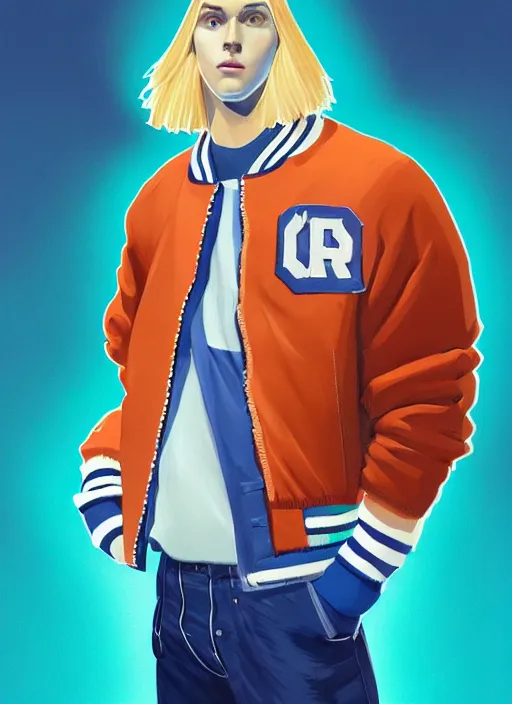 Image similar to portrait of high school senior boy named big moose, blonde short hair, jock, beefy, wide face, square jaw, square facial structure, blue varsity jacket with letter r, intricate, elegant, glowing lights, highly detailed, digital painting, artstation, concept art, sharp focus, illustration, art by wlop, mars ravelo and greg rutkowski