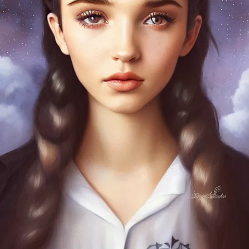 Image similar to tom bagshaw portrait, very beautiful mix of dove cameron and madison beer and bella poarch in a sailor suit flirting smile, randomly lustrous dyed hair, professionally retouched, focus eyes, ultra realistic soft painting, insanely detailed linework, symmetrical accurate intricate features, behance artstation, 8 k, - signature