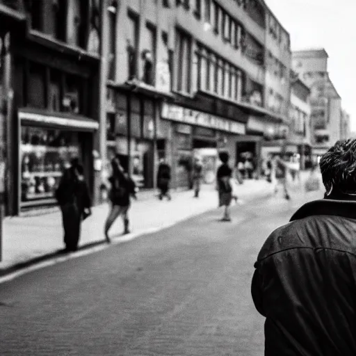 Image similar to film still, man walking in crowded street, realistic, black and white, detailed, shot on camera