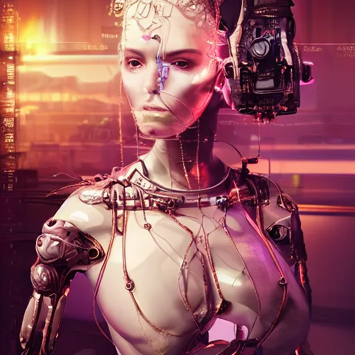 Image similar to the portrait of an absurdly beautiful, graceful, sophisticated, fashionable cyberpunk gynoid gravure idol, an ultrafine hyperdetailed illustration by kim jung gi, irakli nadar, intricate linework, neon wiring, porcelain skin, unreal engine 5 highly rendered, global illumination, radiant light, detailed and intricate environment